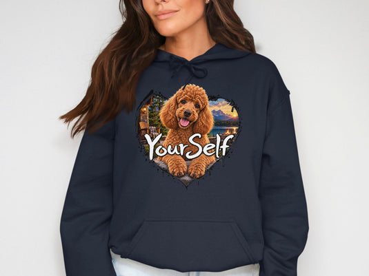 Poodle in heart shaped scene with mountains and cabin, text 