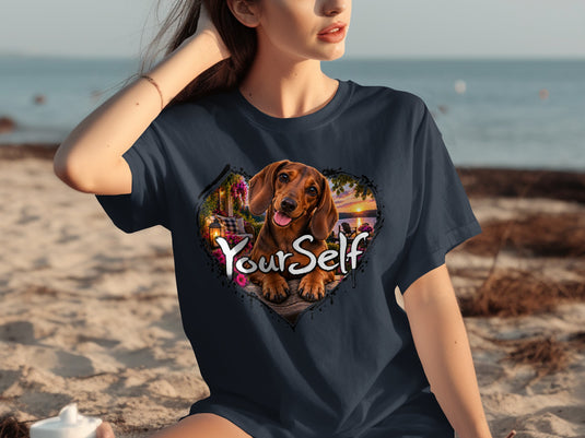 Dark blue t-shirt with a dachshund inside a heart graphic that reads 