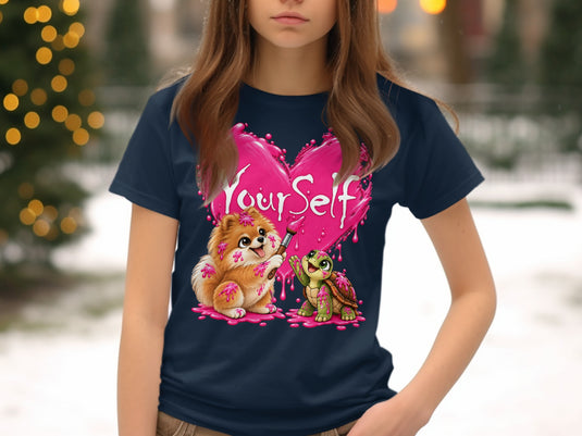 Pomeranian dog and turtle paint a pink heart that says 