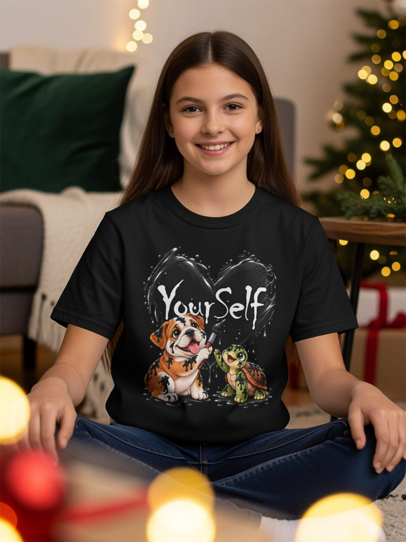 Load image into Gallery viewer, Black t-shirt with a bulldog and turtle painting "Your Self" on a heart.
