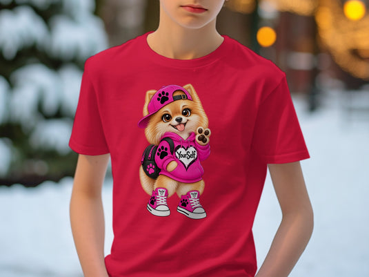 Pomeranian dog wearing a pink hoodie, backpack, and sneakers on a red t-shirt.