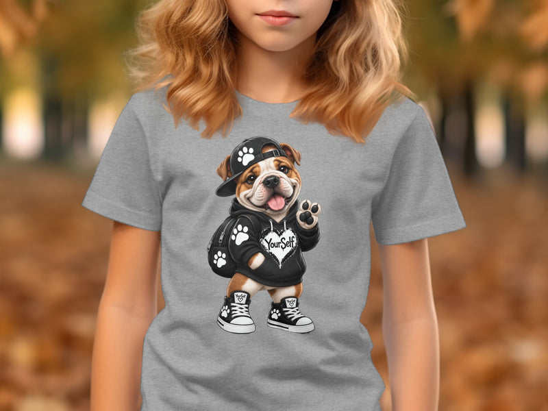 Load image into Gallery viewer, English bulldog wearing a hat and hoodie with "Your Self" text.
