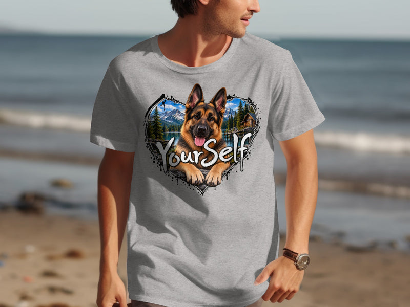 Load image into Gallery viewer, Grey t-shirt with German Shepherd in a heart-shaped mountain lake landscape, text "YourSelf".
