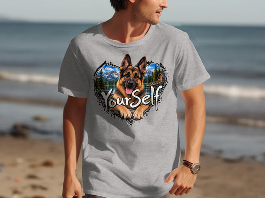 Grey t-shirt with German Shepherd in a heart-shaped mountain lake landscape, text "YourSelf".