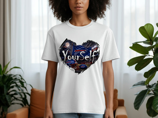 White t-shirt with a heart-shaped graphic featuring Buffalo Bills football elements and 