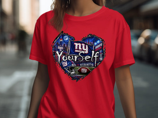 New York Giants heart graphic with text, on a red t-shirt.