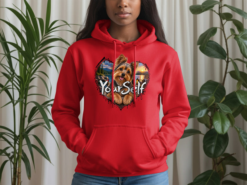 Load image into Gallery viewer, Red hoodie with a heart graphic featuring a Yorkshire Terrier and the text "YourSelf".
