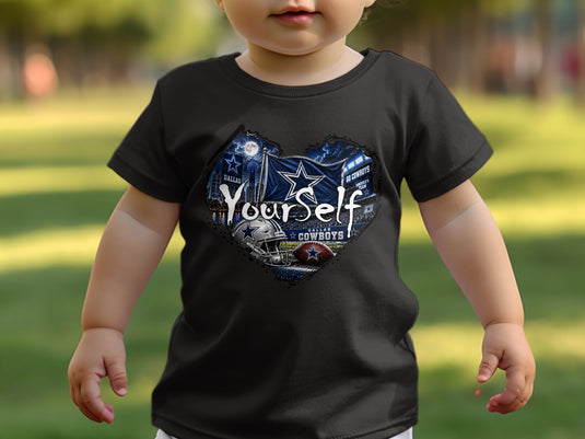 Black t-shirt with Dallas Cowboys heart graphic featuring a flag, stadium, and football.