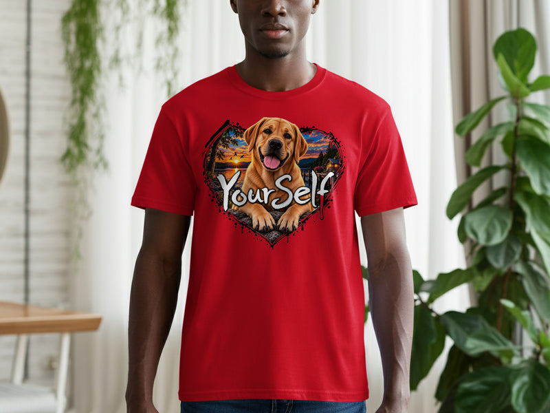 Load image into Gallery viewer, Red t-shirt with a heart-shaped graphic featuring a Labrador and "YourSelf" text.
