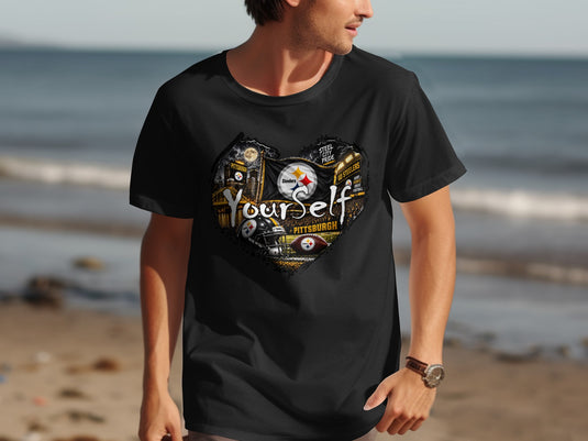 Black t-shirt with heart design featuring Pittsburgh Steelers elements and text.