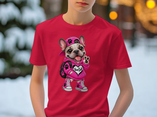 French bulldog wearing pink hoodie, cap, and sneakers with 