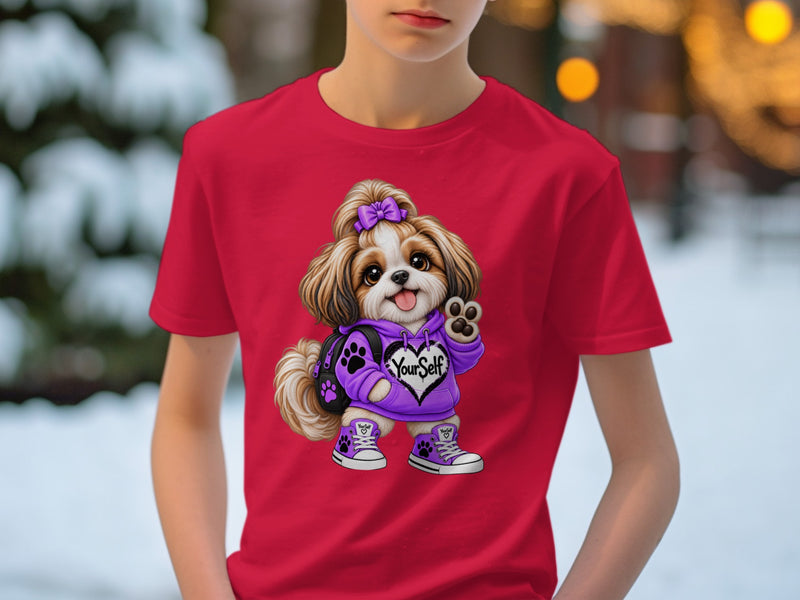 Load image into Gallery viewer, Red t-shirt with graphic of a cute dog wearing a purple hoodie and sneakers.

