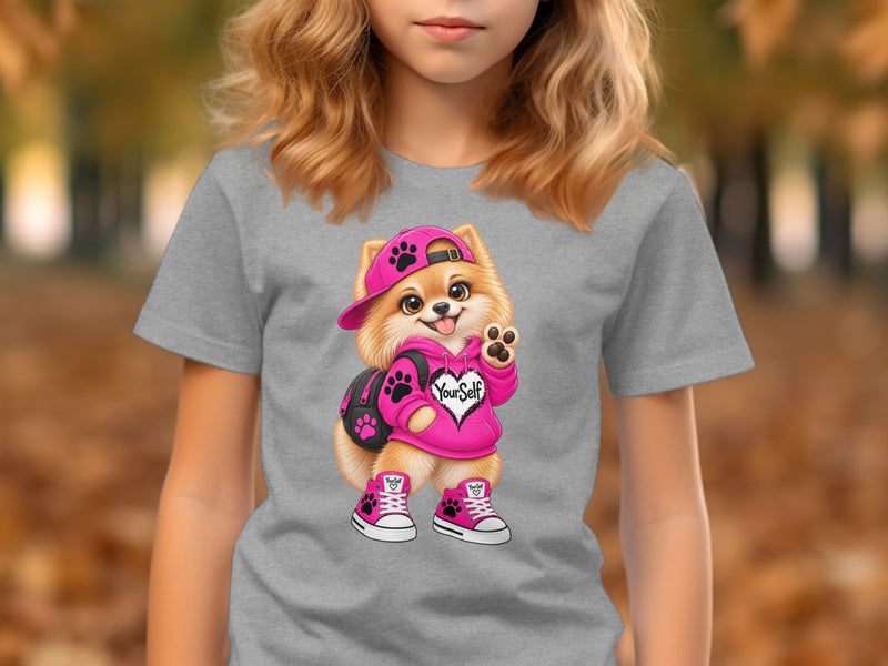 Load image into Gallery viewer, Pomeranian dog wearing pink hoodie, cap, and sneakers with "Your Self" text.
