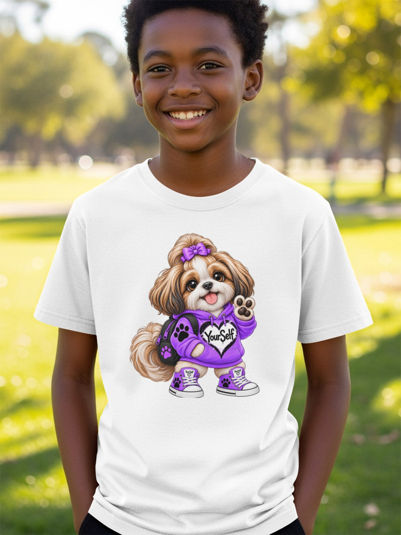 Load image into Gallery viewer, White t-shirt with a Shih Tzu dog wearing a purple hoodie and shoes.
