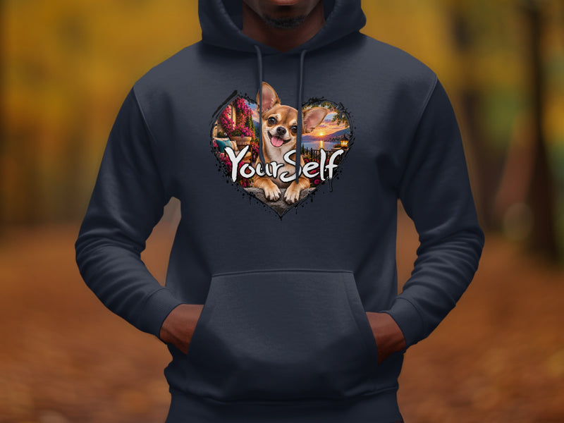 Load image into Gallery viewer, Dark navy hoodie featuring a heart-shaped graphic with a chihuahua and "Your Self" text.
