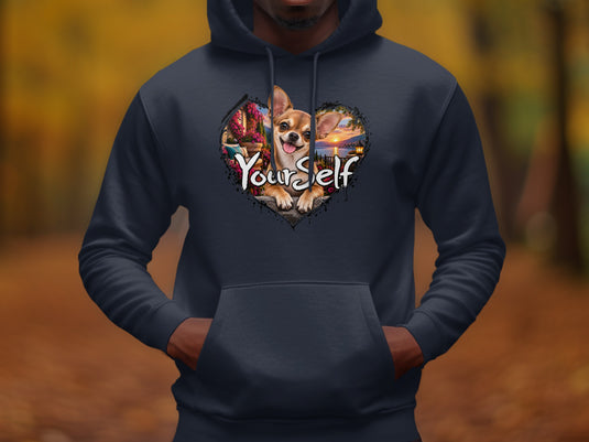 Dark navy hoodie featuring a heart-shaped graphic with a chihuahua and "Your Self" text.