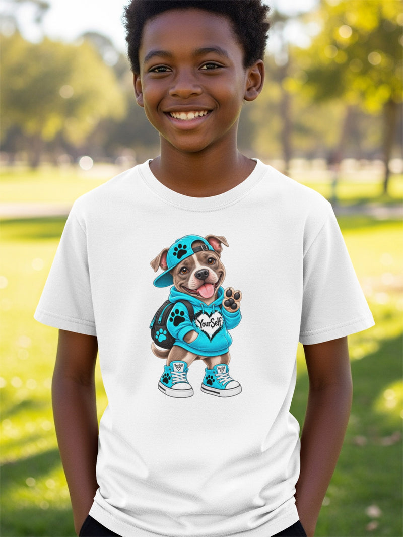 Load image into Gallery viewer, White t-shirt featuring a cartoon dog wearing a blue hoodie and hat with "YourSelf" text.
