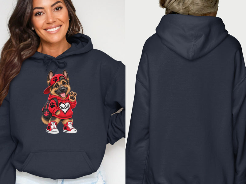 Load image into Gallery viewer, Navy hoodie with a cartoon German Shepherd wearing a red hat, hoodie, and sneakers.
