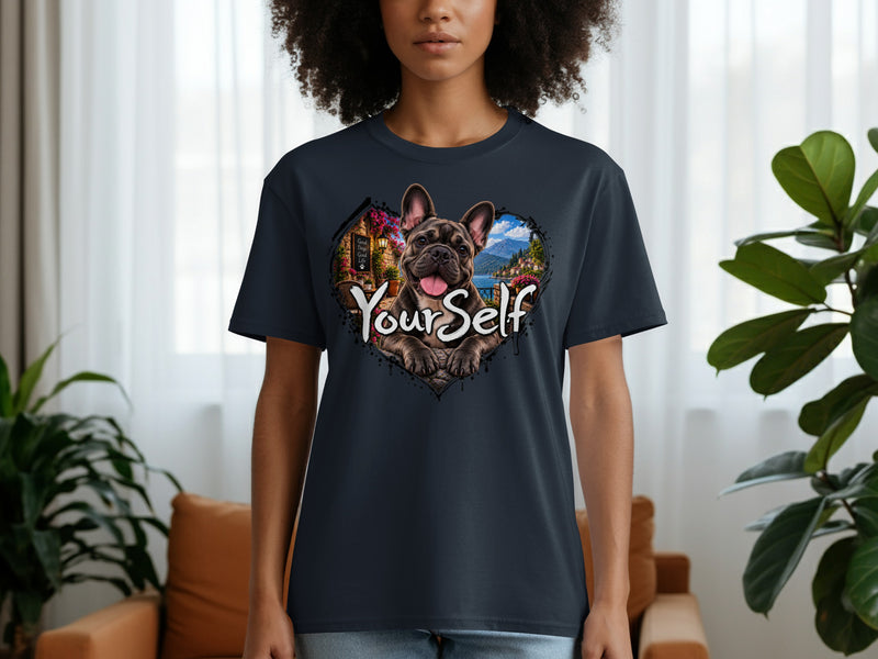 Load image into Gallery viewer, French bulldog in heart frame with "YourSelf" text and European village backdrop.
