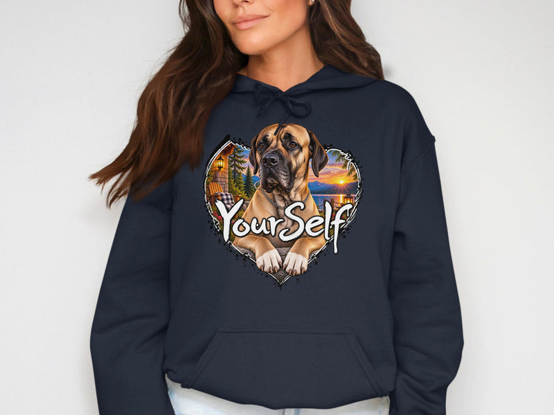 Load image into Gallery viewer, Dark navy hoodie with a heart-shaped graphic of a dog and scenic background.
