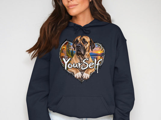Dark navy hoodie with a heart-shaped graphic of a dog and scenic background.