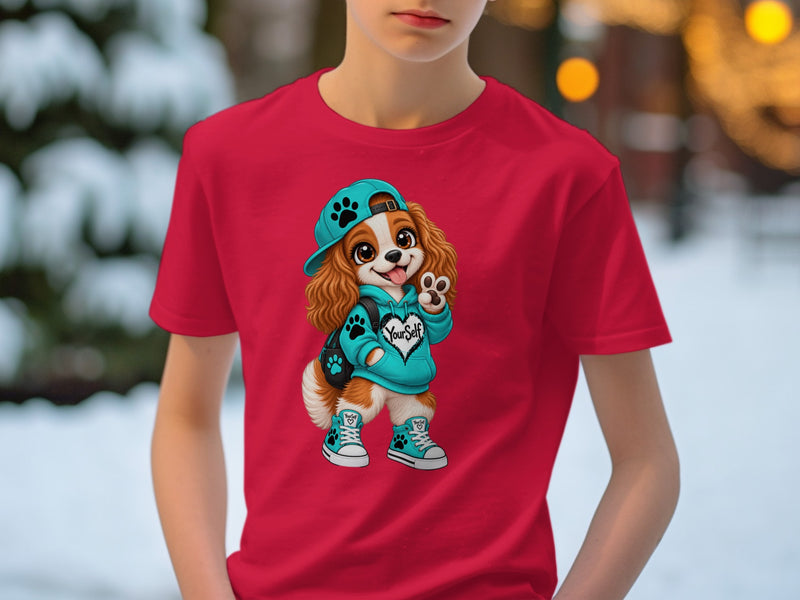 Load image into Gallery viewer, Red t-shirt with a cartoon dog wearing a hoodie, sneakers, and hat.
