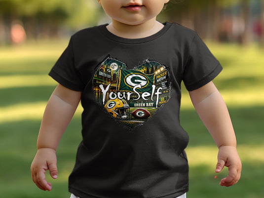 Green Bay Packers heart graphic t-shirt with football helmet and "Yourself" text.