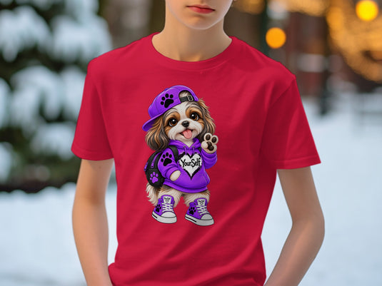 Red t-shirt with illustration of a dog wearing a purple hoodie, cap, and sneakers.