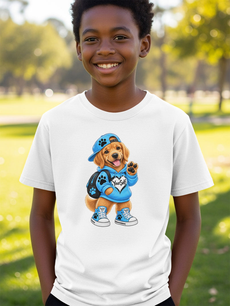 Load image into Gallery viewer, Golden retriever puppy graphic with "Your Self" text on a white t-shirt.
