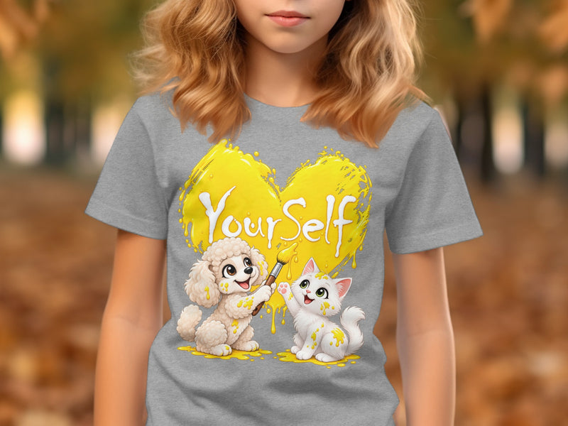 Load image into Gallery viewer, Gray t-shirt with yellow heart design and dog painting "Your Self" with cat.
