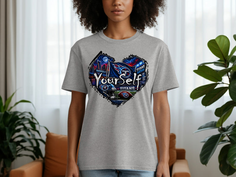 Load image into Gallery viewer, Gray t-shirt with heart graphic of Nashville skyline, Titans flag, helmet, and football.
