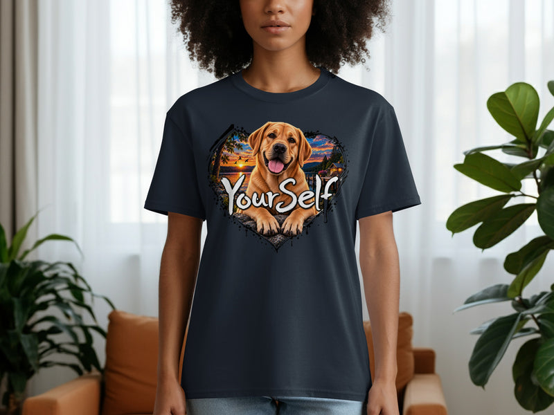 Load image into Gallery viewer, Labrador retriever in heart frame with sunset and text "YourSelf" on t-shirt.
