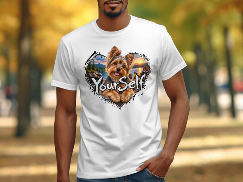 Load image into Gallery viewer, White t-shirt with a heart graphic featuring a Yorkshire Terrier and the text "Your Self".
