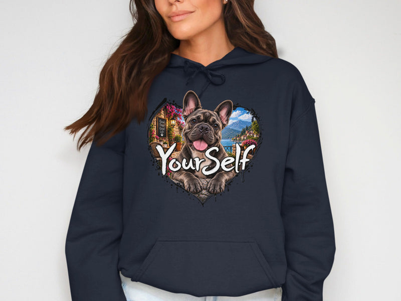 Load image into Gallery viewer, French bulldog peeks from a heart-shaped scene with text "Your Self".
