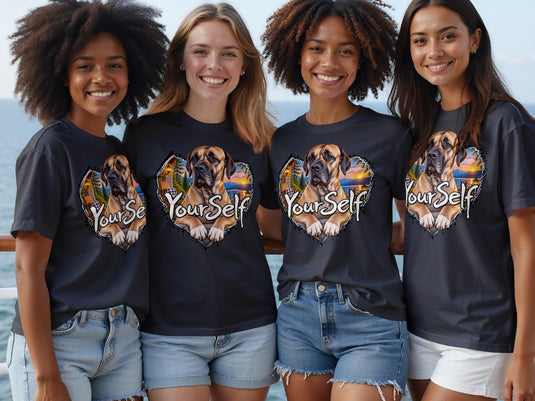 Four women wear t-shirts with a Great Dane design, set against a scenic backdrop with text.