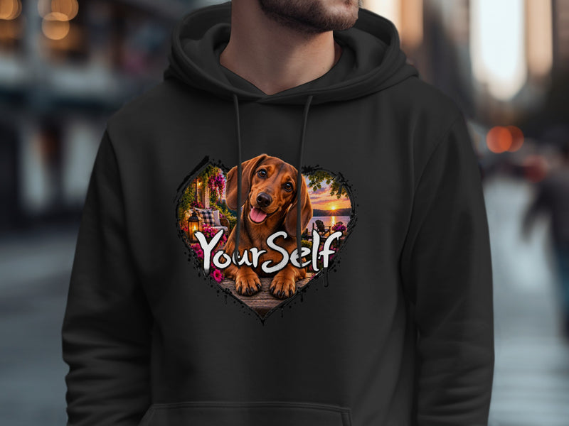 Load image into Gallery viewer, Dachshund in heart frame with "Your Self" text, beach sunset scene.
