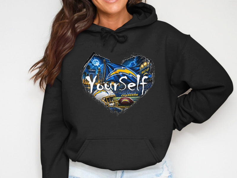 Load image into Gallery viewer, Black hoodie with Los Angeles Chargers heart graphic and "YourSelf" text.
