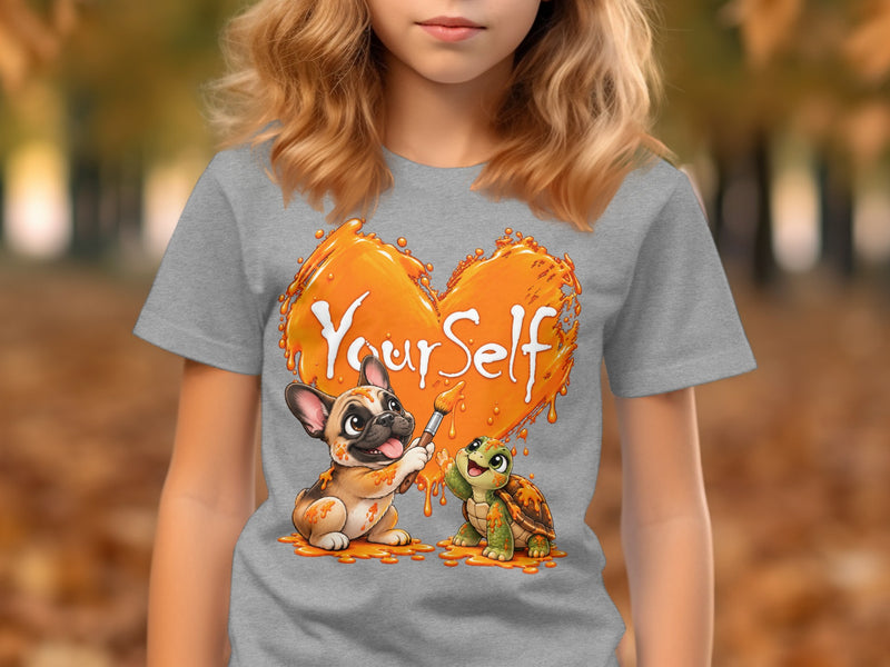 Load image into Gallery viewer, French bulldog and turtle painting "Yourself" on an orange heart design.

