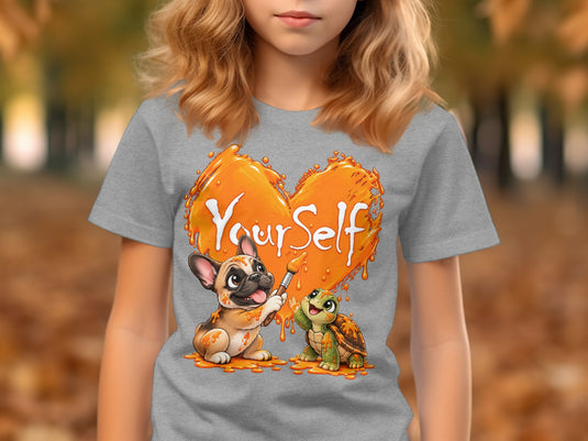 French bulldog and turtle painting "Yourself" on an orange heart design.