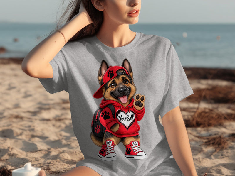 Load image into Gallery viewer, German Shepherd dog wearing red hat, hoodie, and sneakers, text "YourSelf".
