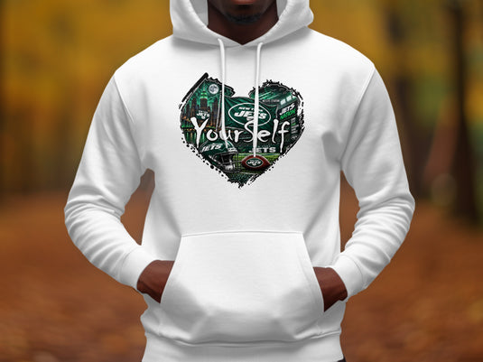 White hoodie with New York Jets heart graphic featuring stadium, city, and football.
