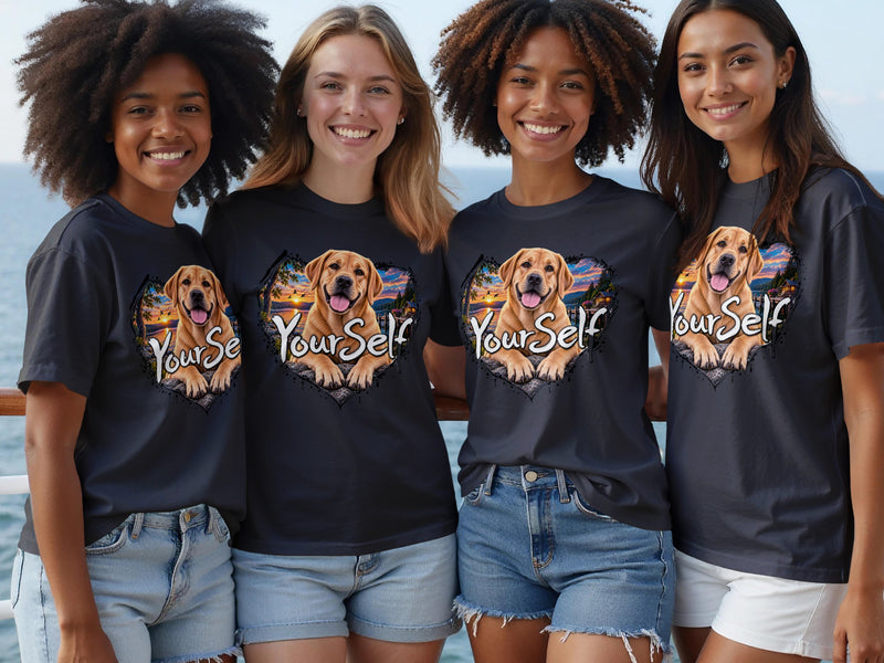 Load image into Gallery viewer, Four young women wear t-shirts with a graphic of a dog inside a heart and the text "YourSelf".
