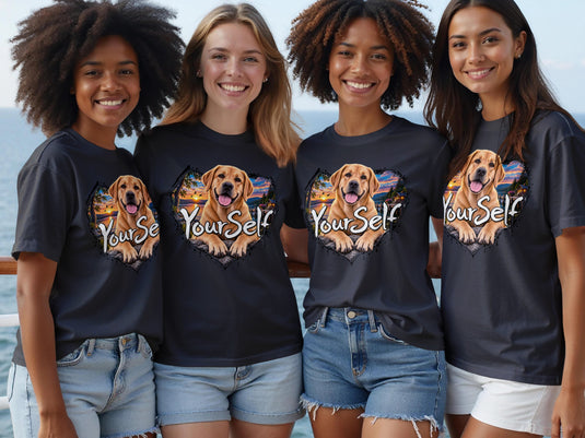 Four young women wear t-shirts with a graphic of a dog inside a heart and the text "YourSelf".
