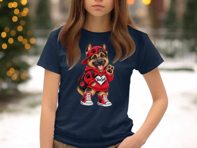 Load image into Gallery viewer, German Shepherd in red hoodie and hat with "YourSelf" on heart, waving paw.
