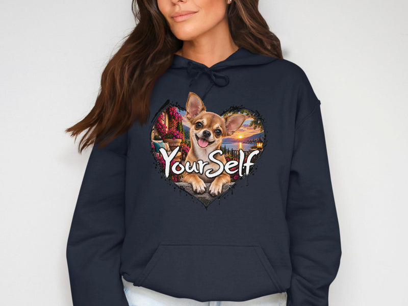 Load image into Gallery viewer, Chihuahua peeking from heart-shaped scenic view with text "YourSelf".

