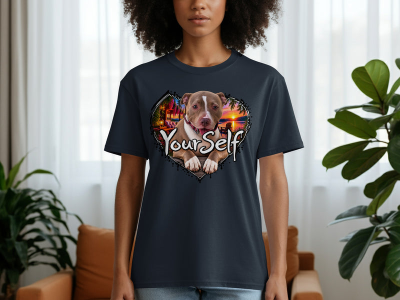Load image into Gallery viewer, Pitbull in heart-shaped sunset scene with "YourSelf" text on t-shirt.
