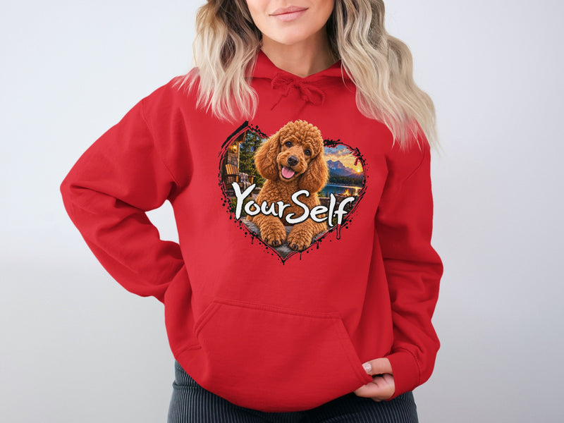 Load image into Gallery viewer, Red hoodie with heart graphic of a poodle, cabin, and mountains.
