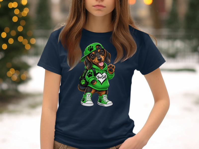 Load image into Gallery viewer, Dachshund wearing green hoodie, cap, and sneakers with "YourSelf" text.

