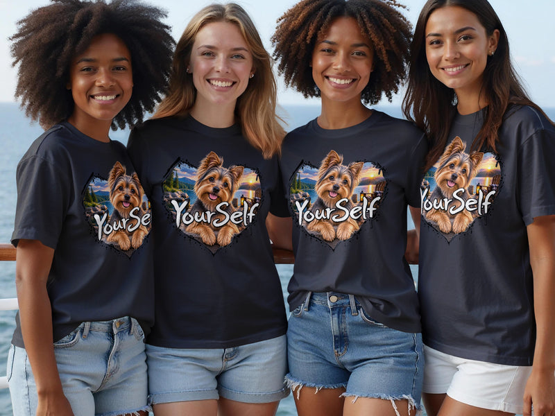 Load image into Gallery viewer, Four smiling women wear dark t-shirts with a Yorkshire terrier and "YourSelf" graphic.

