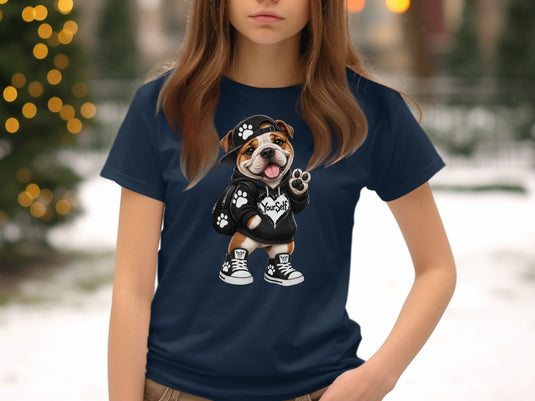 Bulldog graphic on navy t-shirt with paw print, heart, and 